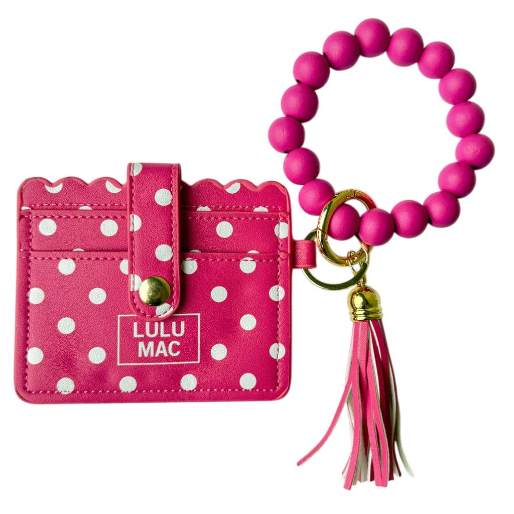 LULU MAC Beaded Wristlet ID Wallet Hot Pink/White Dot