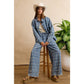 FRAYED DETAIL PLAID WIDE LEG JEANS WITH DUAL POCKETS