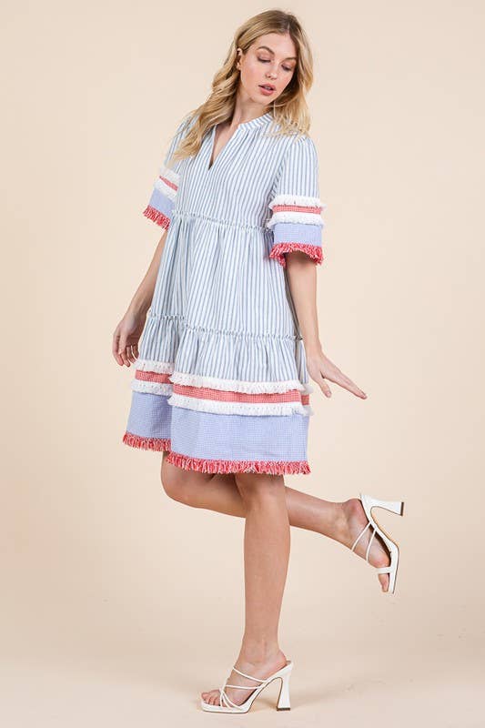 Trim Detail Vertical Striped Short Sleeve Mini Dress