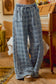 FRAYED DETAIL PLAID WIDE LEG JEANS WITH DUAL POCKETS