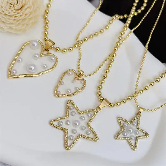 Sweet Cherry Sky - Beaded Necklace with Heart or Star Pendant with Pearls