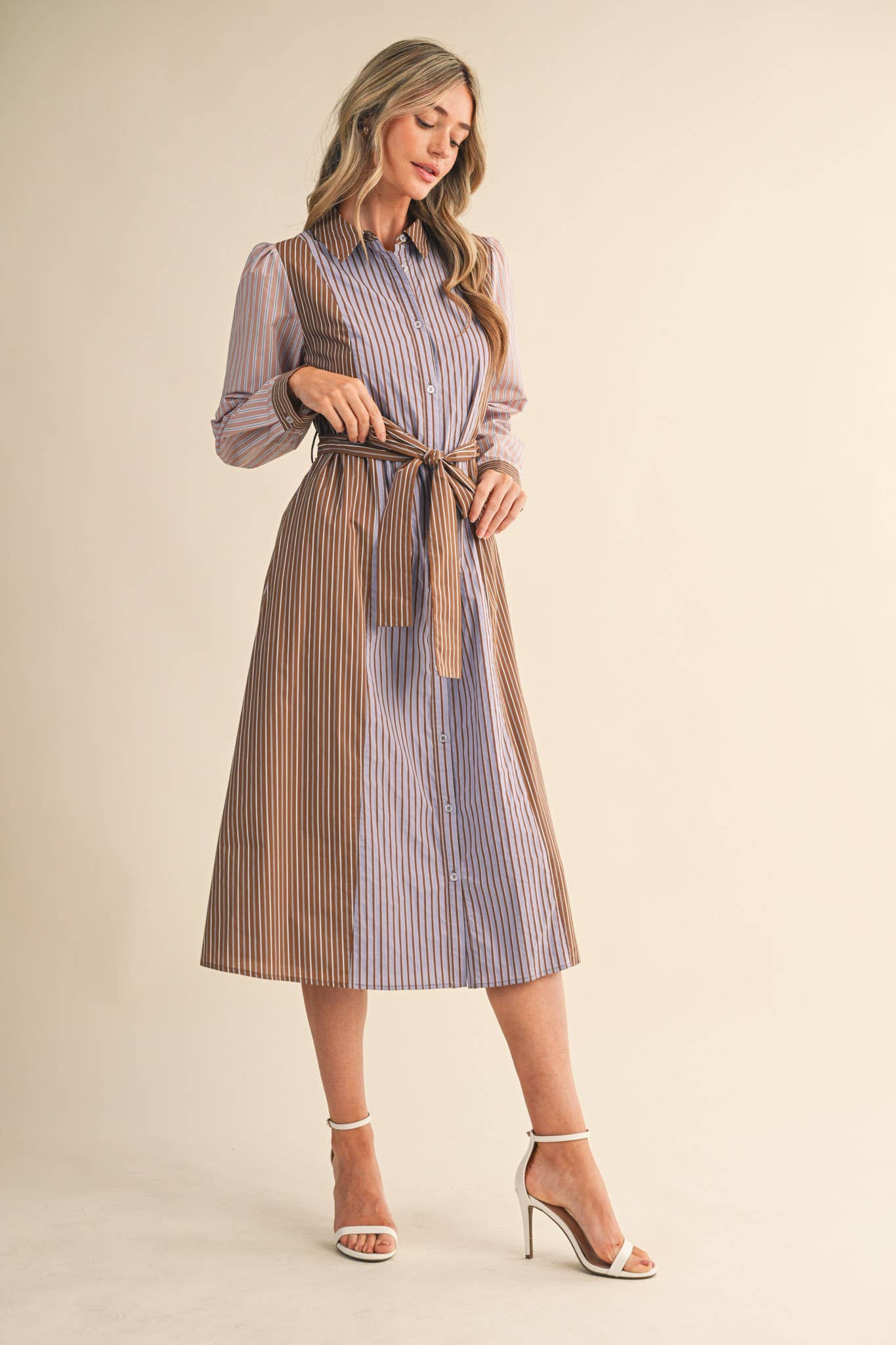 MIXED STRIPE BELTED BUTTON DOWN MIDI DRESS