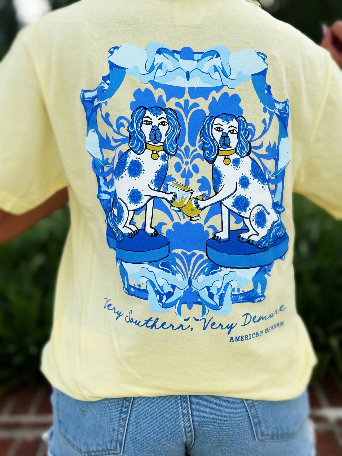 Demure Dogs, Spring Chinoiserie Blue & White Artisan Graphic Tee