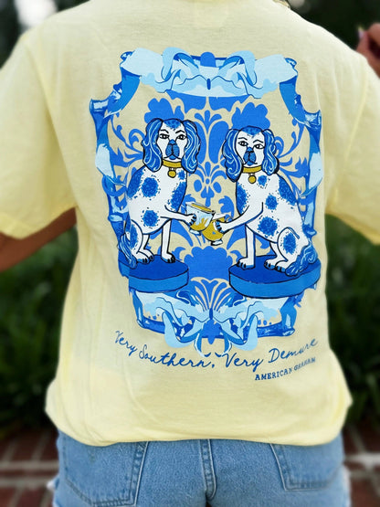 Demure Dogs, Spring Chinoiserie Blue & White Artisan Graphic Tee