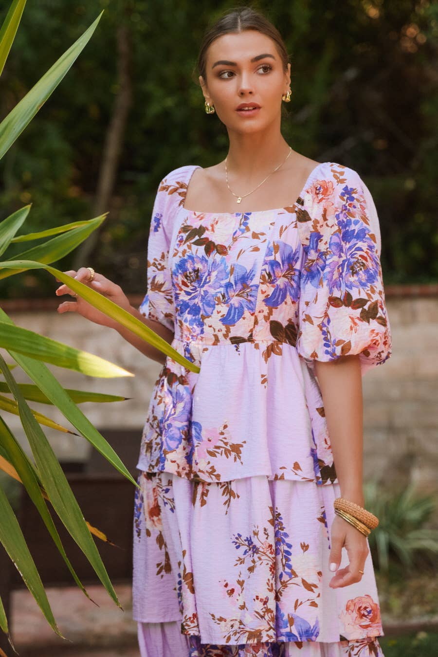 Printed Square Neck Tired Midi Dress