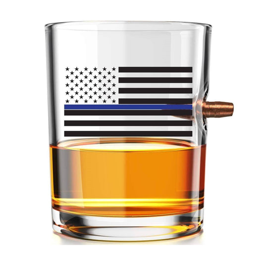 Old Southern Brass - 308 Real Bullet Whiskey Glass - Thin Blue Line American Flag