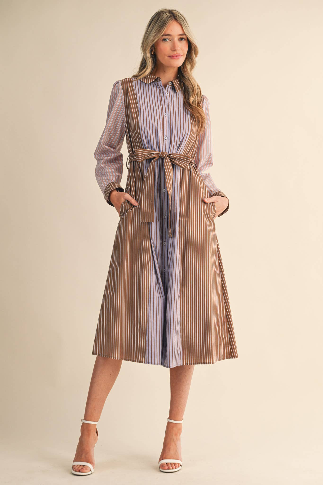 MIXED STRIPE BELTED BUTTON DOWN MIDI DRESS