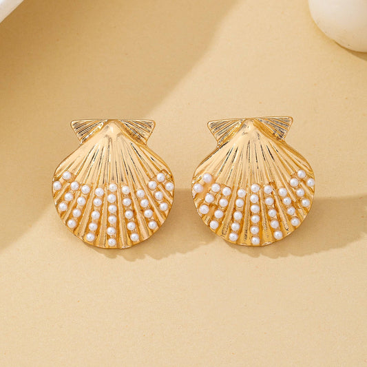 Scalloped Shell Pearl Stud Earrings