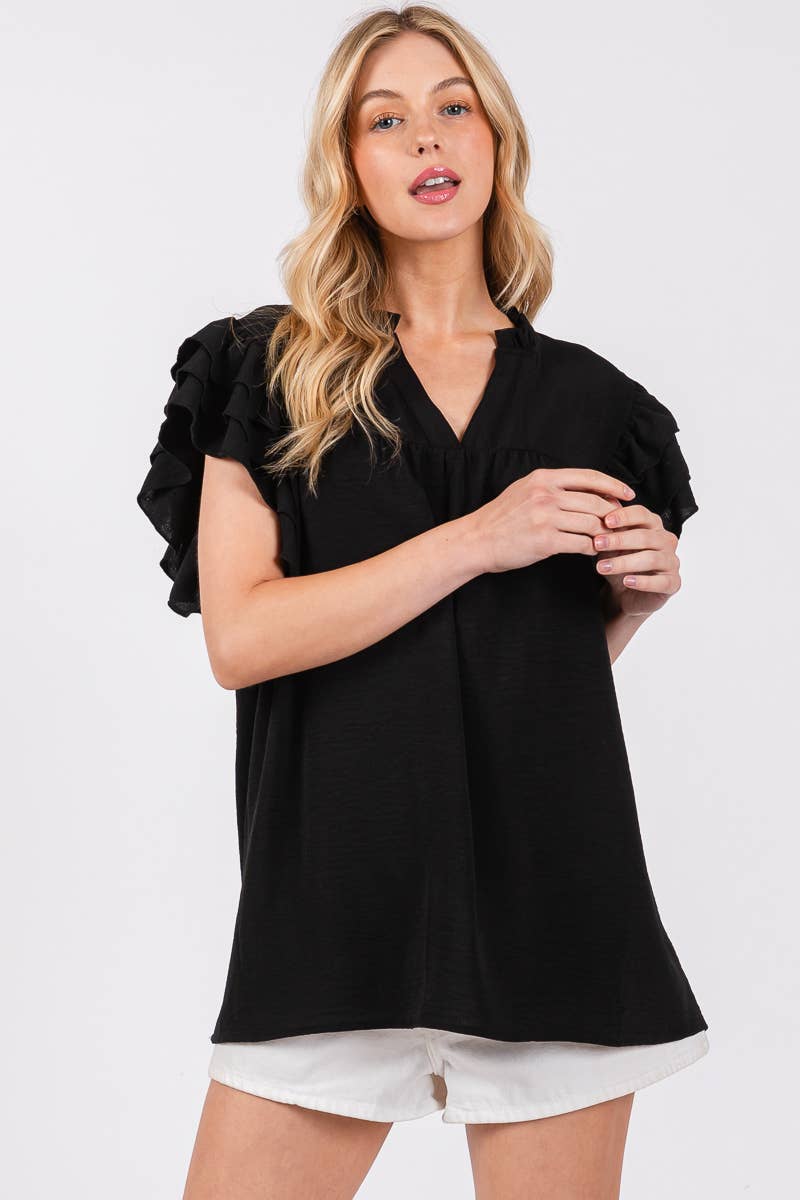 BLACK AIRFLOW RUFFLE SLEEVE BLOUSE
