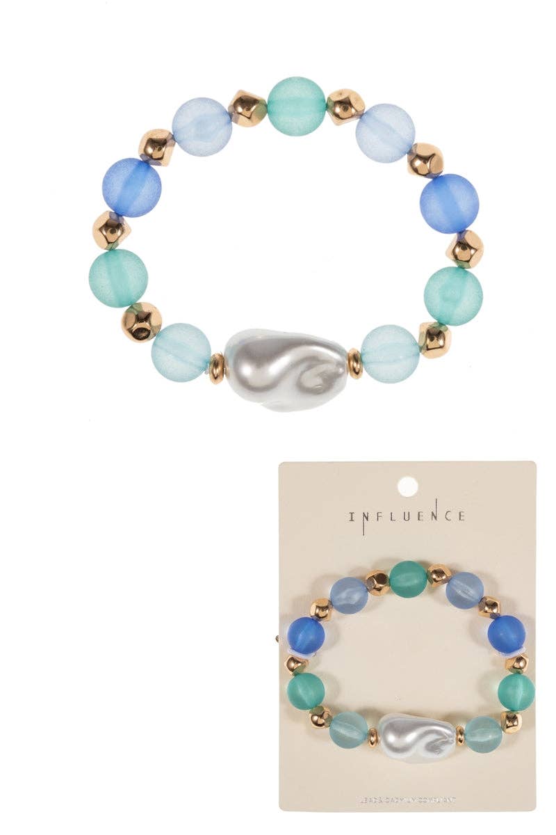 Faux Seaglass Glass Pearl Beaded Stretch Bracelet