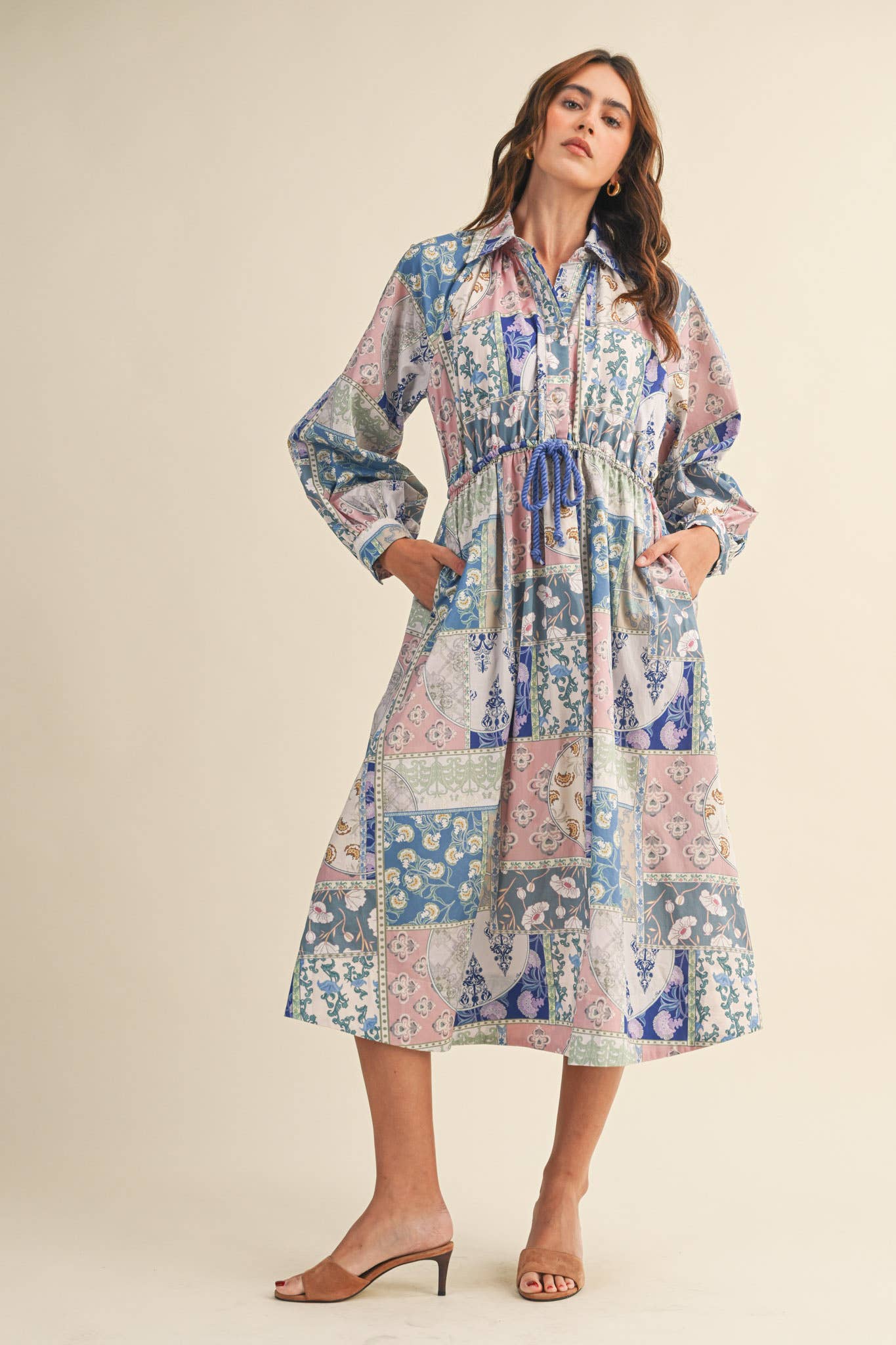 FLORAL PATCHWORK PRINT DRAWSTRING WAIST MIDI DRESS