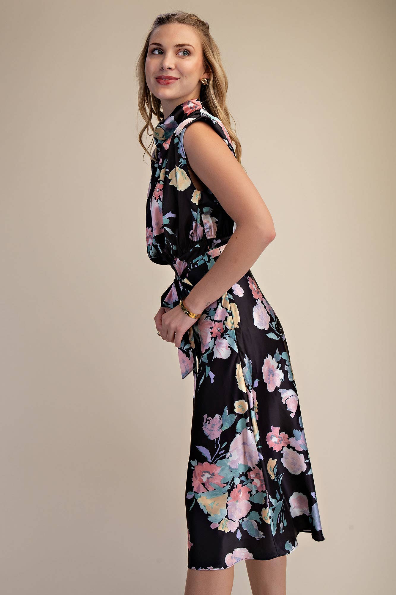 Black Floral Waist Tie Midi Dress