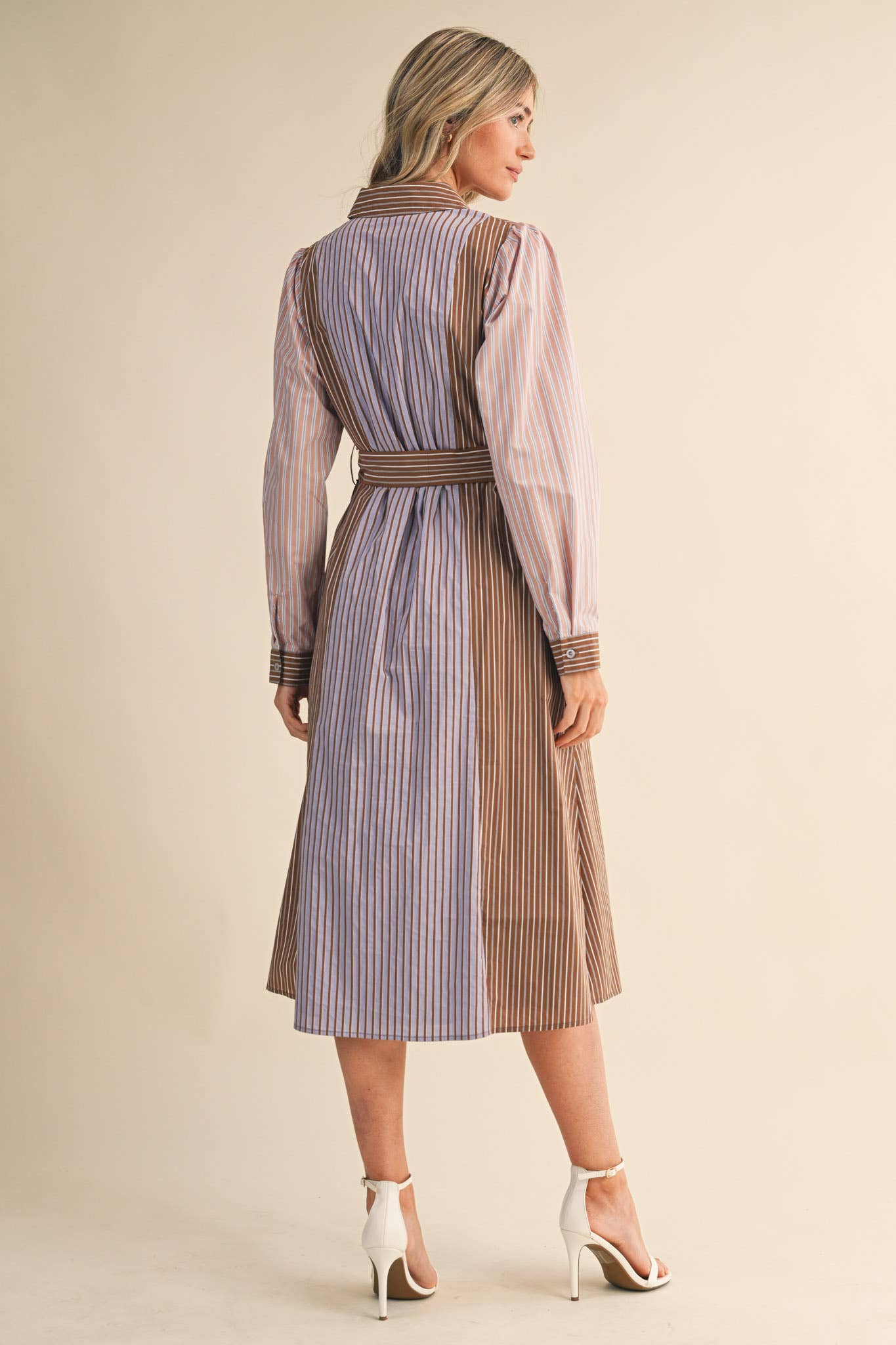 MIXED STRIPE BELTED BUTTON DOWN MIDI DRESS