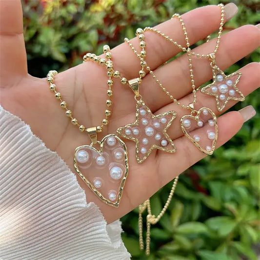 Sweet Cherry Sky - Beaded Necklace with Heart or Star Pendant with Pearls