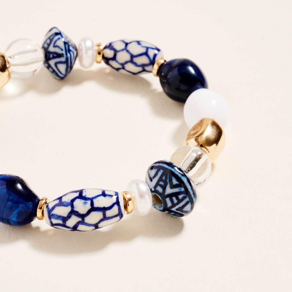 7.25 Inch Marbled Ceramic Metallic Bead Bracelet